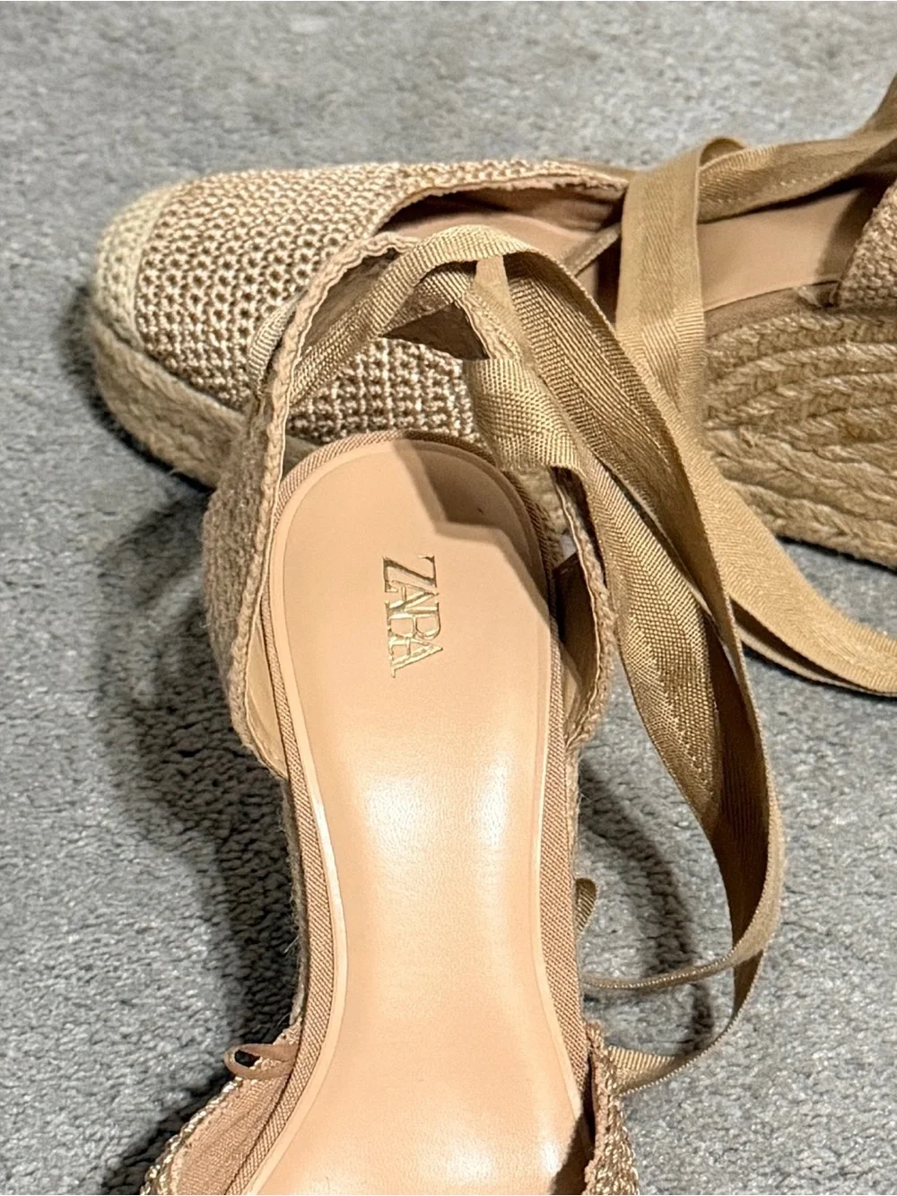 Zara Beige Woven Espadrille Wedge Sandals with Ankle Ties